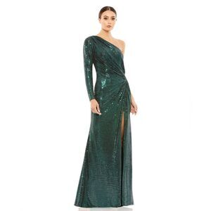 🆕Mac Duggal NWT Sequined One Sleeve Draped Gown in Bottle Green (MD-4)